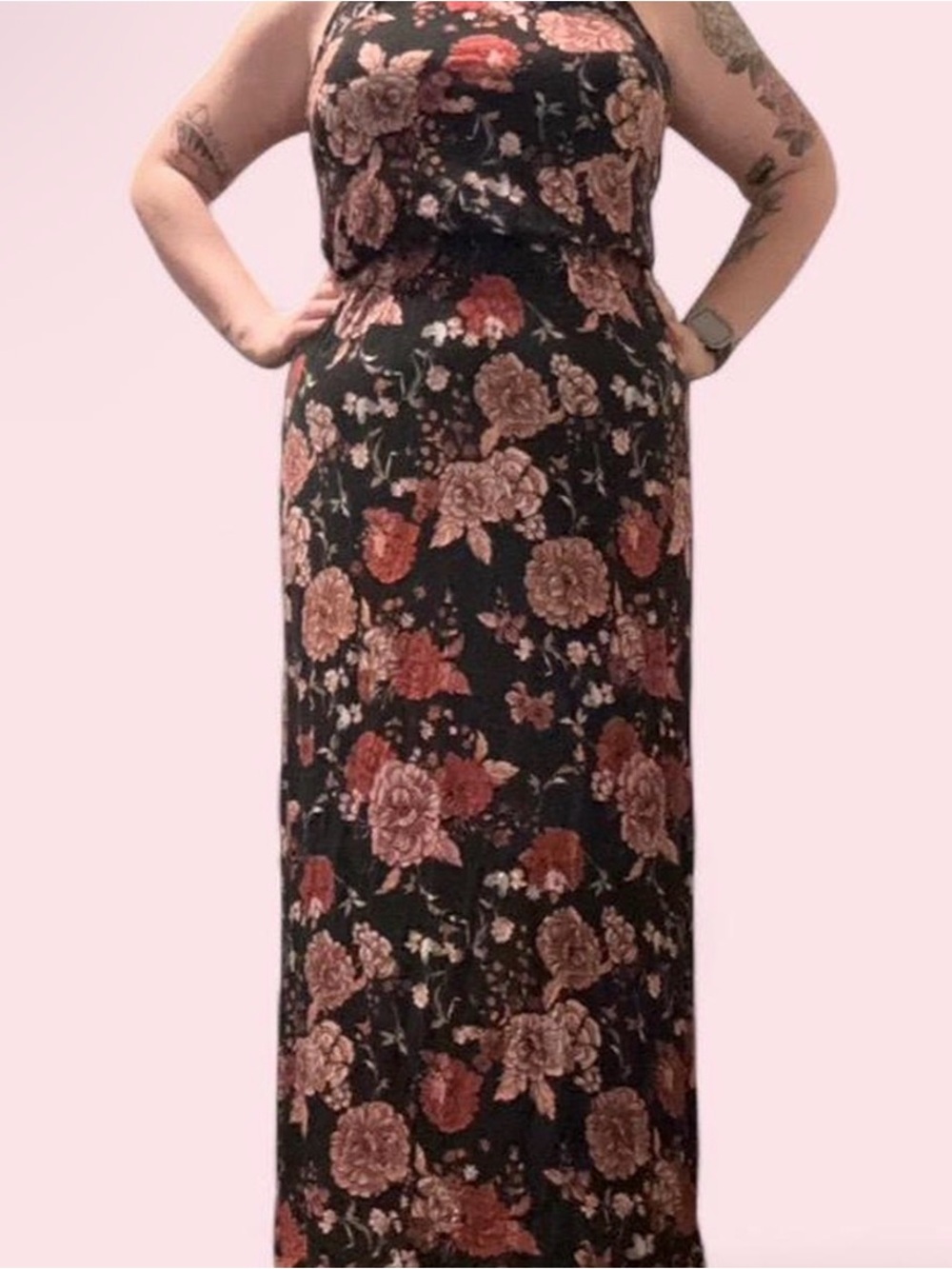 Floral Maxi Dress in Black with Rose Print